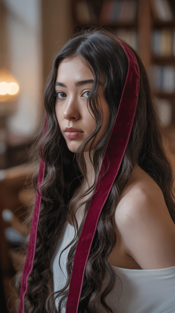 27 Trendy Christmas Hairstyles for Long Hair Perfect for Holiday Glam 3 Loose Romantic Curls with Velvet Ribbon