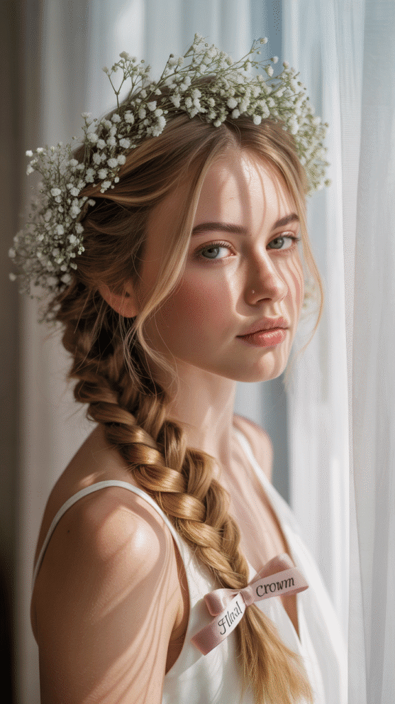 27 Trendy Christmas Hairstyles for Long Hair Perfect for Holiday Glam 13 Fishtail Braid Crown with Baby's Breath