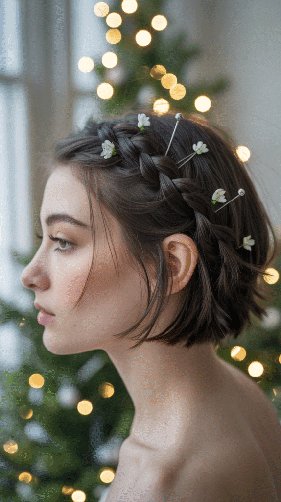 30 Latest Christmas Hairstyles for Short Hair That Are Quick and Chic 2 Braided Crown for Short Bobs