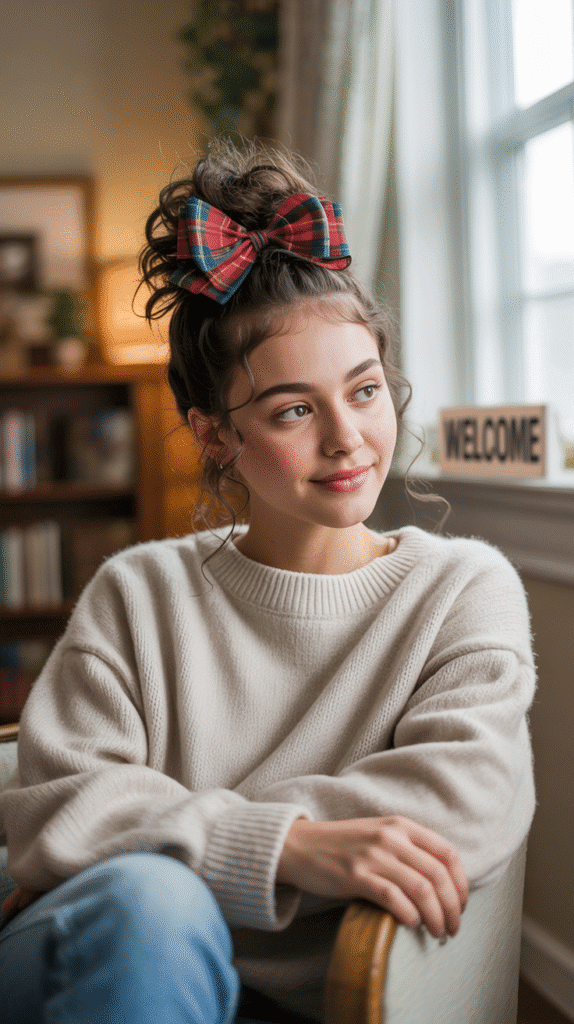 27 Best Christmas Hairstyles for Kids That Are Adorable and Festive 15 Messy Bun with Plaid Bow