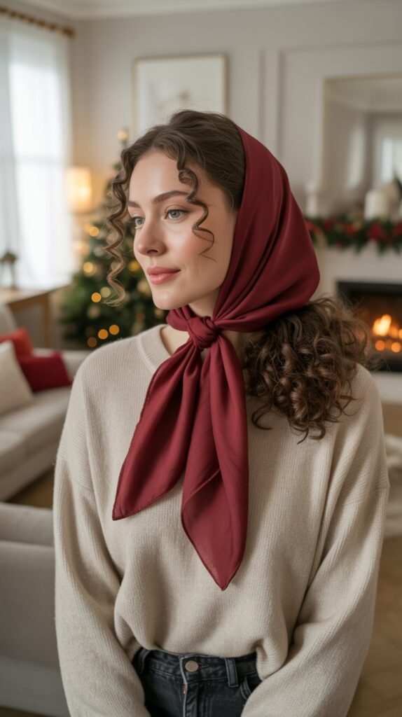 33 Modern Christmas Hairstyles for Curly Hair Full of Bounce and Charm 24 Low Curly Ponytail with Wrapped Scarf