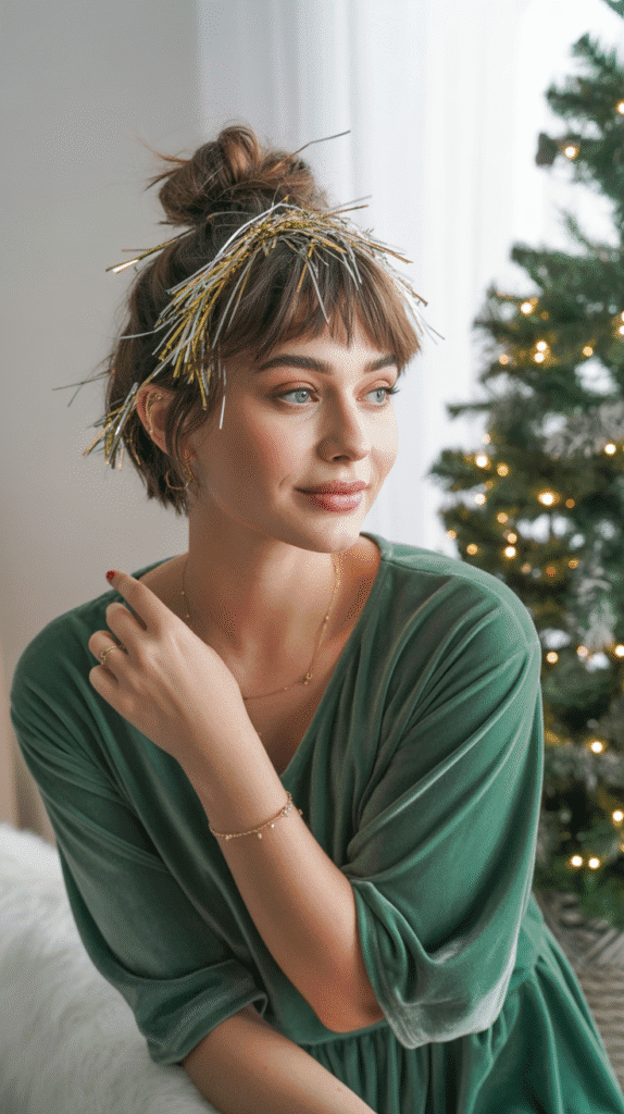 30 Latest Christmas Hairstyles for Short Hair That Are Quick and Chic 6 Messy Top Knot with Tinsel Strands