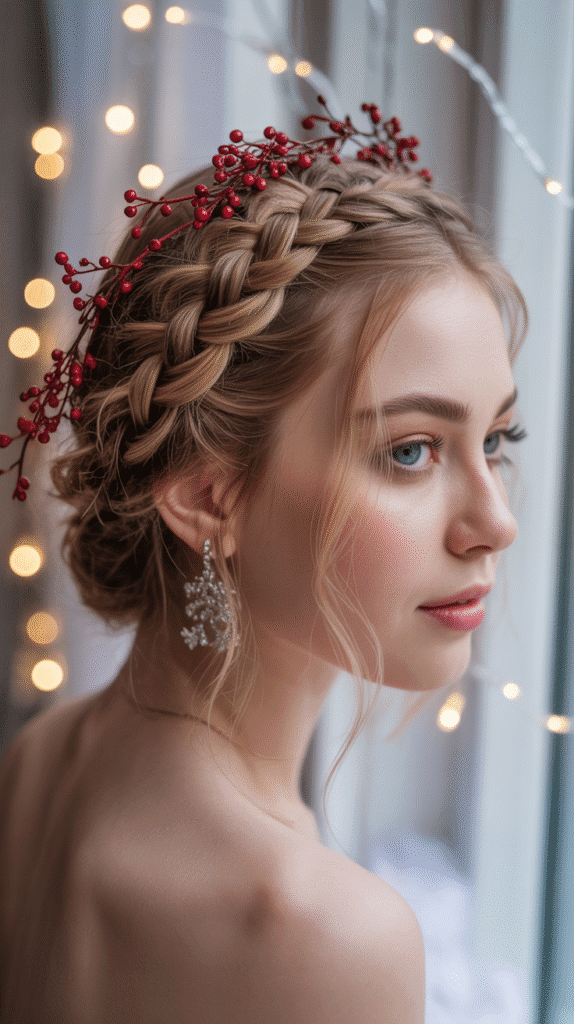 27 Easy Christmas Hairstyles with Braids for a Creative Holiday Look 8 Waterfall Braid with Berry Accents