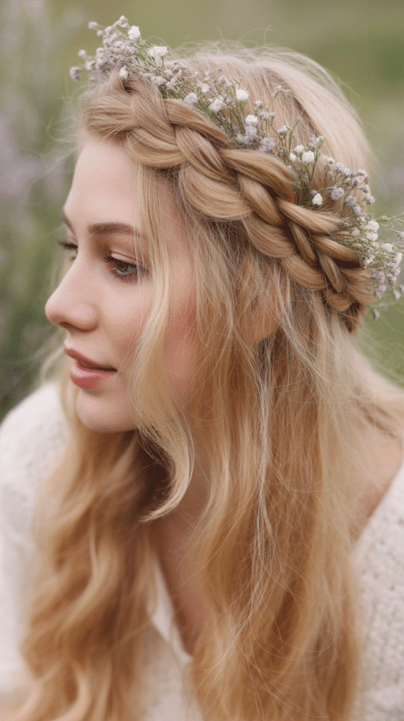 27 Easy Christmas Hairstyles with Braids for a Creative Holiday Look 19 Twisted Crown Braid with White Flowers