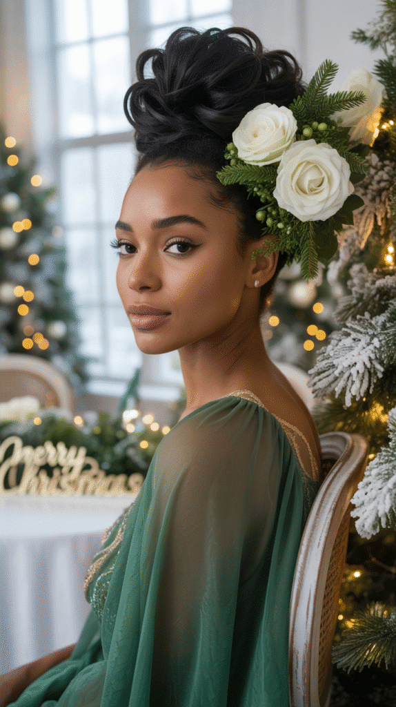 33 Trendy Christmas Hairstyles for Black Women That Slay Every Party 5 Twisted Updo with Fresh Flowers