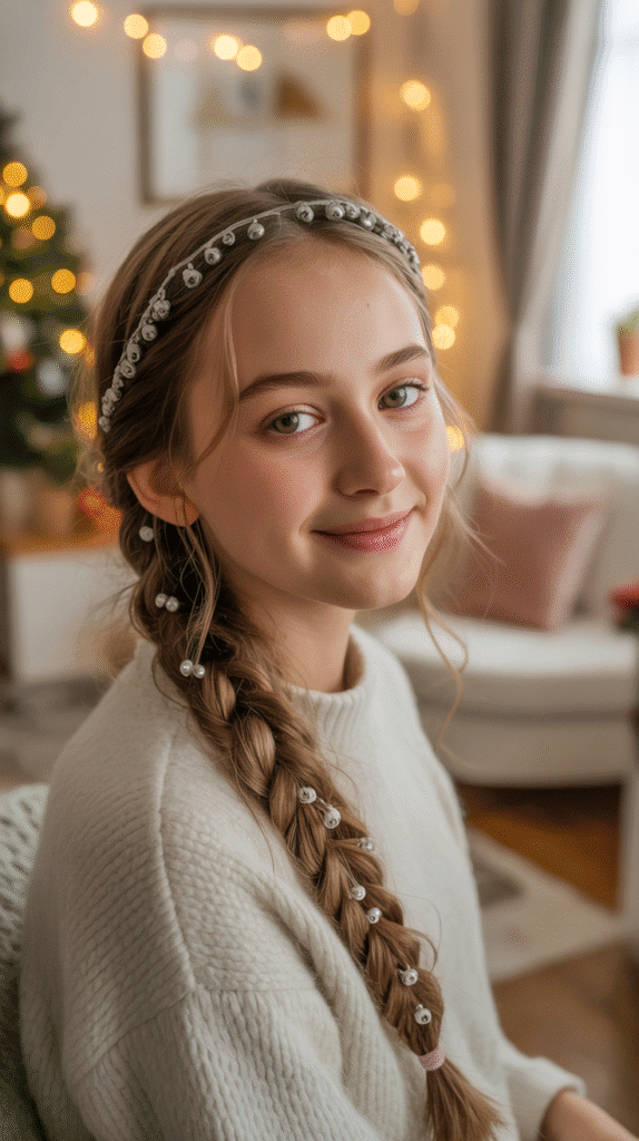 30 Easy Christmas Hairstyles for Teens That Are Fun and Trendy 10 Braided Headband with Jingle Bell Accents