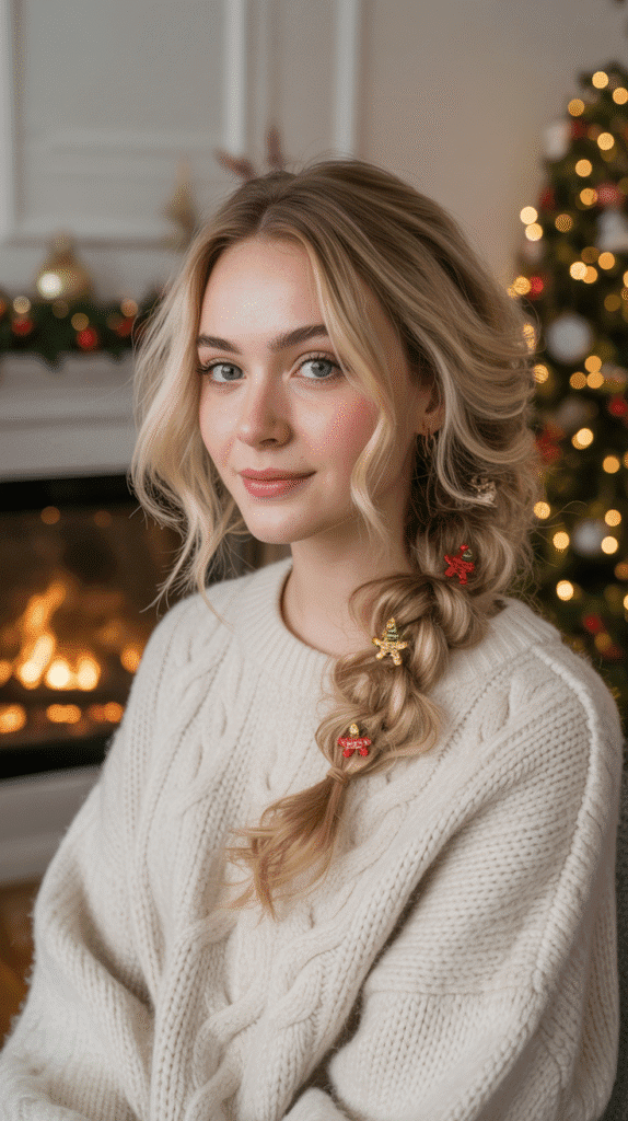 27 Easy Christmas Hairstyles with Braids for a Creative Holiday Look 6 Messy Side Braid with Christmas Ornament Clips