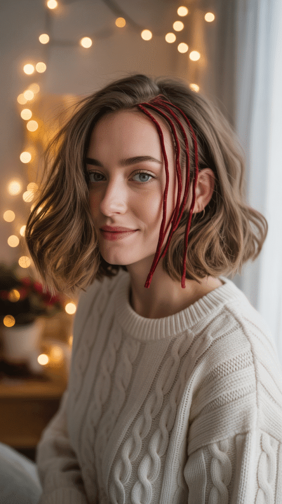 30 Latest Christmas Hairstyles for Short Hair That Are Quick and Chic 4 Textured Lob with Red Ribbon Weave