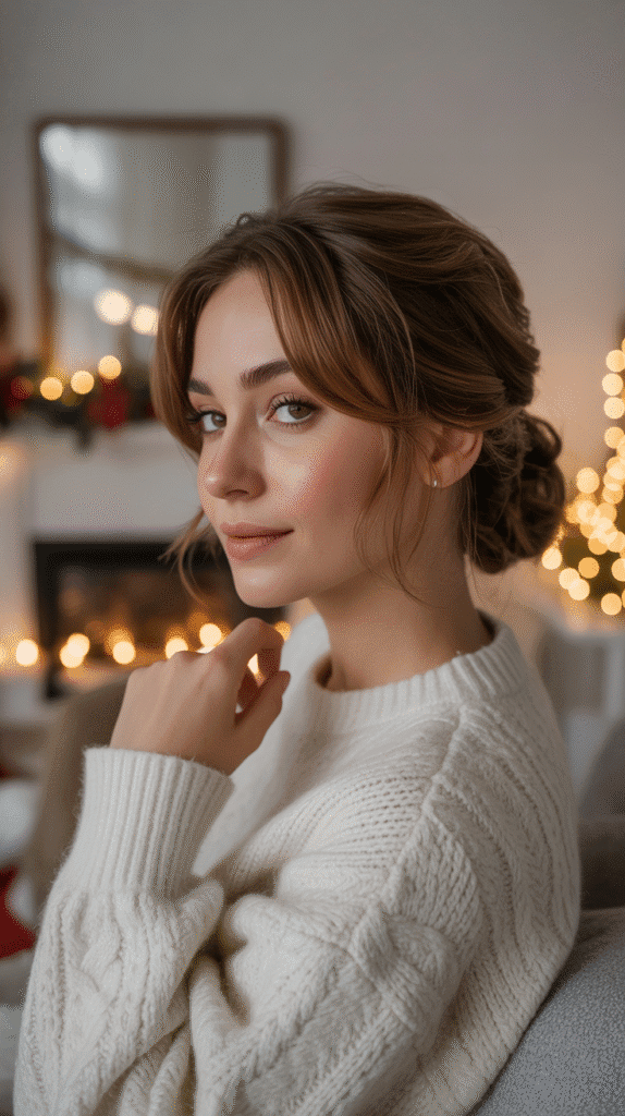 33 Best Christmas Hairstyles for Medium Length Hair That Wow 2 Messy Low Bun with Face-Framing Pieces