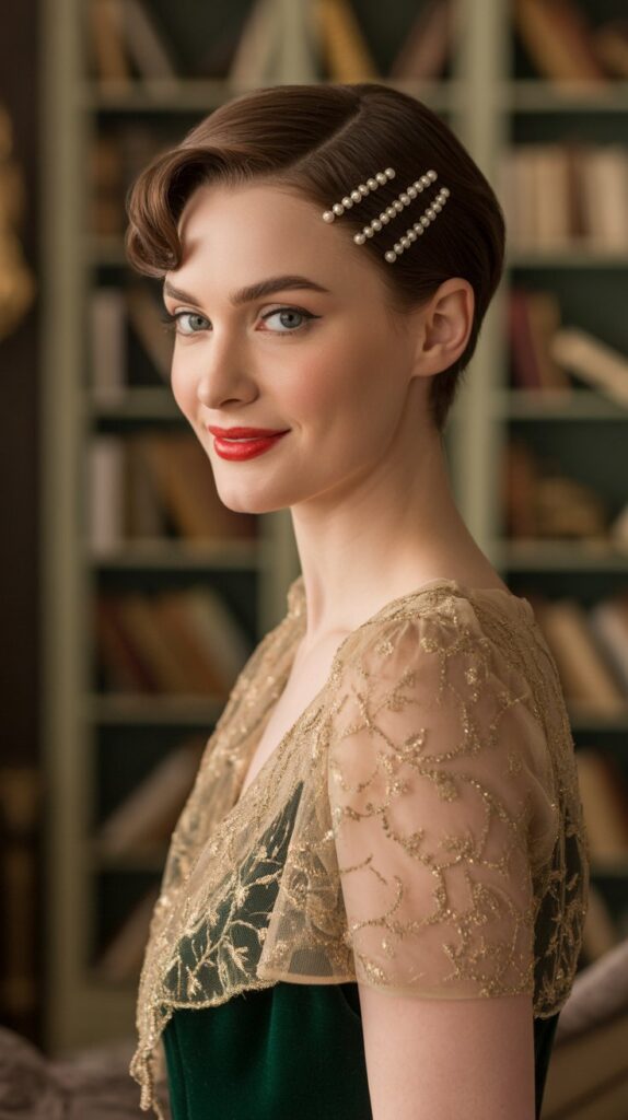 30 Chic Christmas Short Hairstyles That Are Cute and Easy 28 Pinned Back Pixie with Pearl Accessories