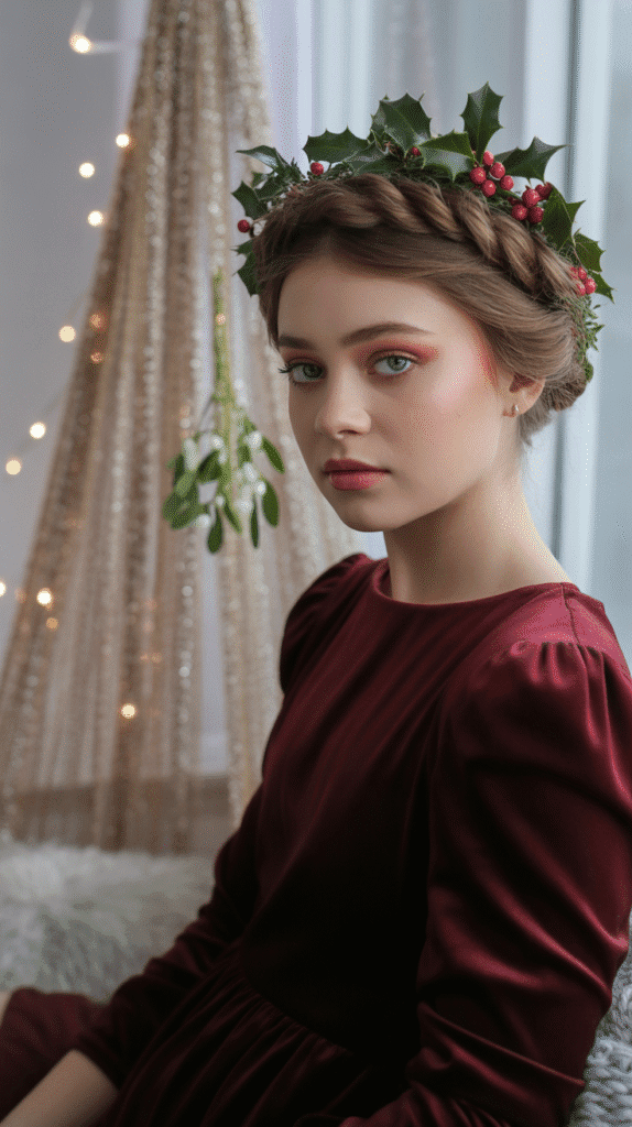 30 Easy Christmas Hairstyles for Teens That Are Fun and Trendy 7 Twisted Crown with Holly Accessories
