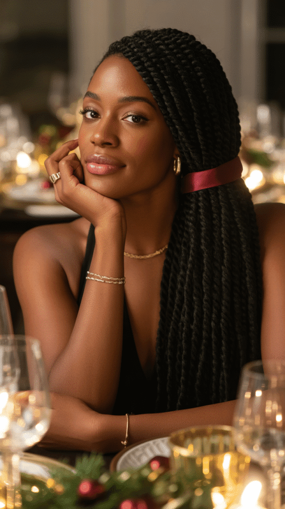 33 Trendy Christmas Hairstyles for Black Women That Slay Every Party 13 Senegalese Twists in Low Ponytail