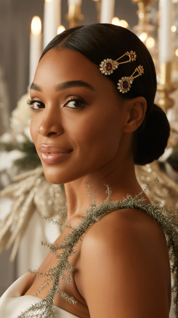 33 Trendy Christmas Hairstyles for Black Women That Slay Every Party 18 Slicked-Back Bun with Holiday Hair Pins