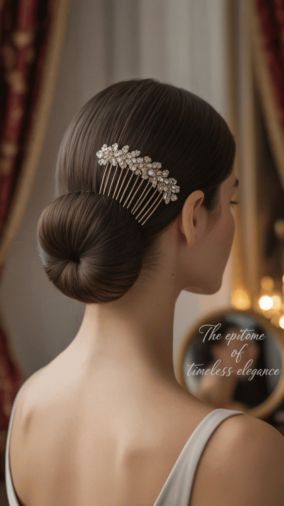 27 Trendy Christmas Hairstyles for Long Hair Perfect for Holiday Glam 4 Sleek Low Chignon with Crystal Embellishments
