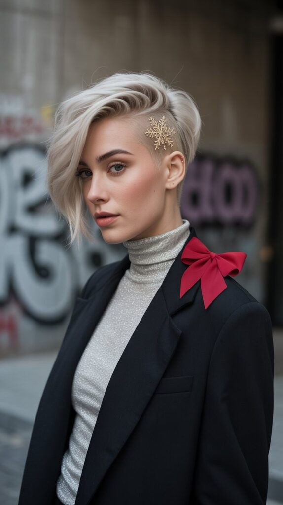 30 Chic Christmas Short Hairstyles That Are Cute and Easy 9 Asymmetrical Cut with Festive Hair Tattoo