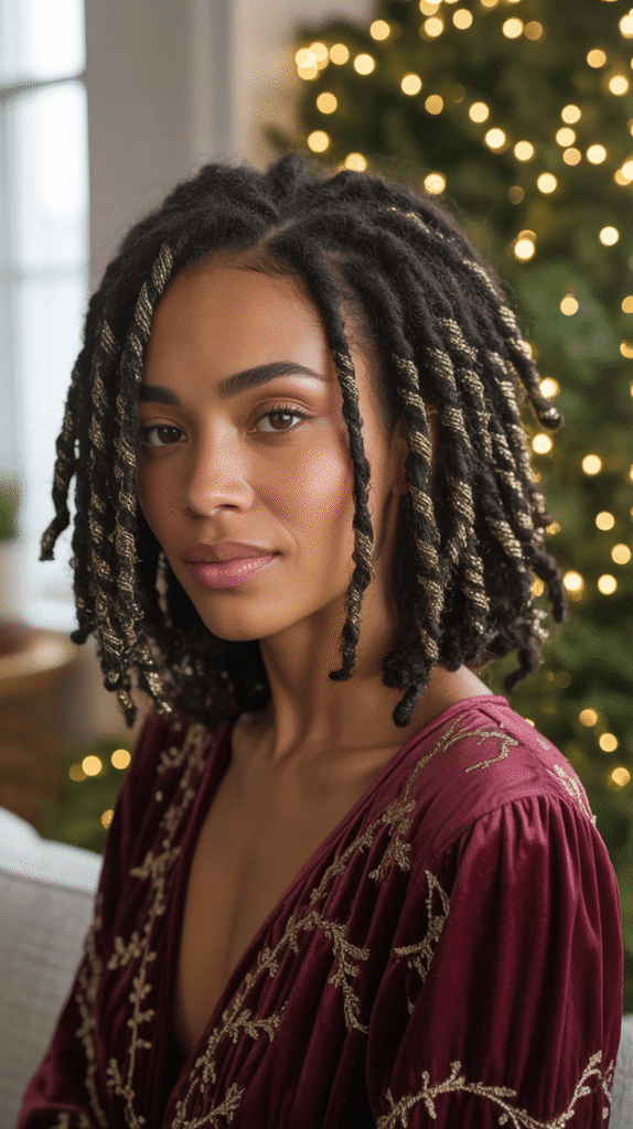 33 Trendy Christmas Hairstyles for Black Women That Slay Every Party 8 Faux Locs with Gold Thread Weaving