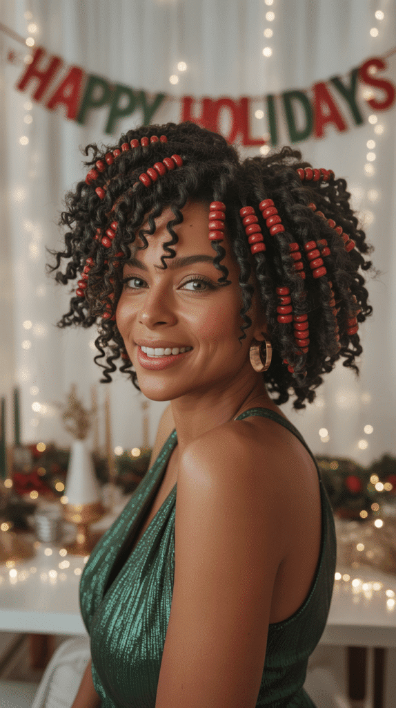 33 Trendy Christmas Hairstyles for Black Women That Slay Every Party 19 Kinky Twist Out with Red Hair Beads