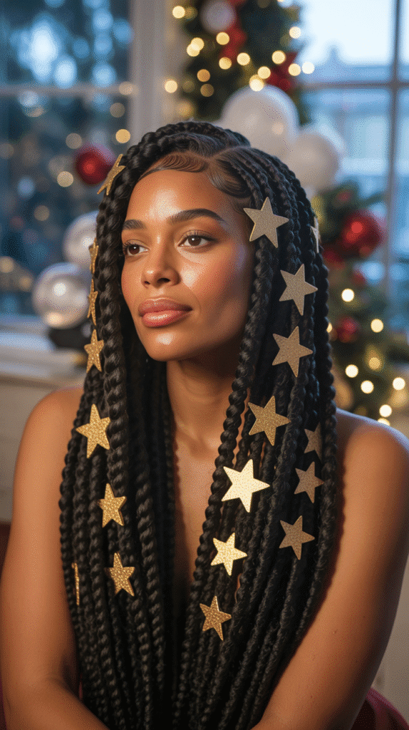 33 Trendy Christmas Hairstyles for Black Women That Slay Every Party 24 Jumbo Flat Twists with Star Hair Accessories