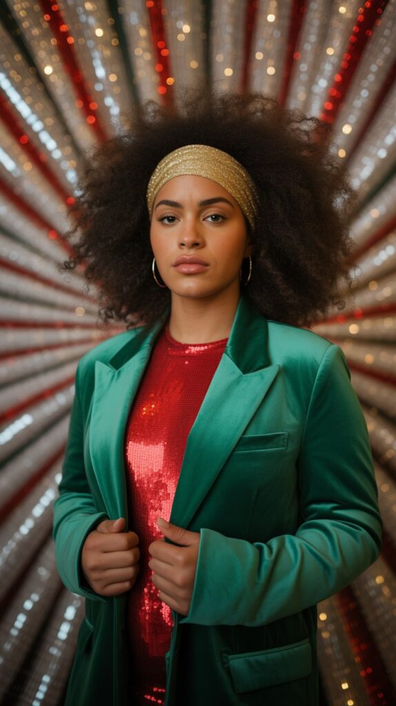 33 Modern Christmas Hairstyles for Curly Hair Full of Bounce and Charm 5 Voluminous Afro with Metallic Headband