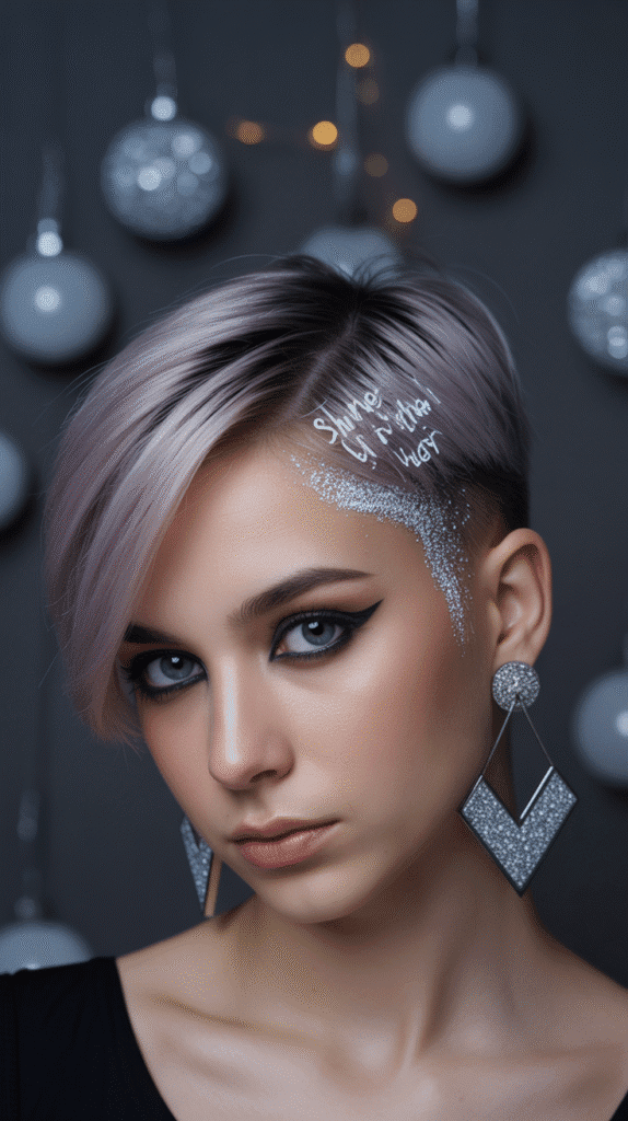 30 Latest Christmas Hairstyles for Short Hair That Are Quick and Chic 3 Sleek Side-Swept Pixie with Sparkle