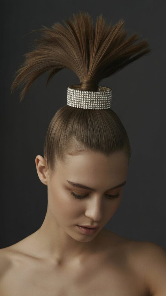 27 Trendy Christmas Hairstyles for Long Hair Perfect for Holiday Glam 21 Slicked-Back Ponytail with Crystal Cuff