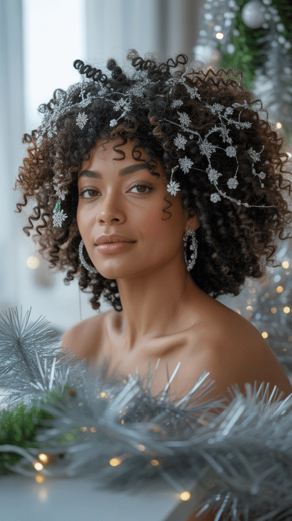 33 Trendy Christmas Hairstyles for Black Women That Slay Every Party 3 Voluminous Curly Fro with Silver Hair Jewelry