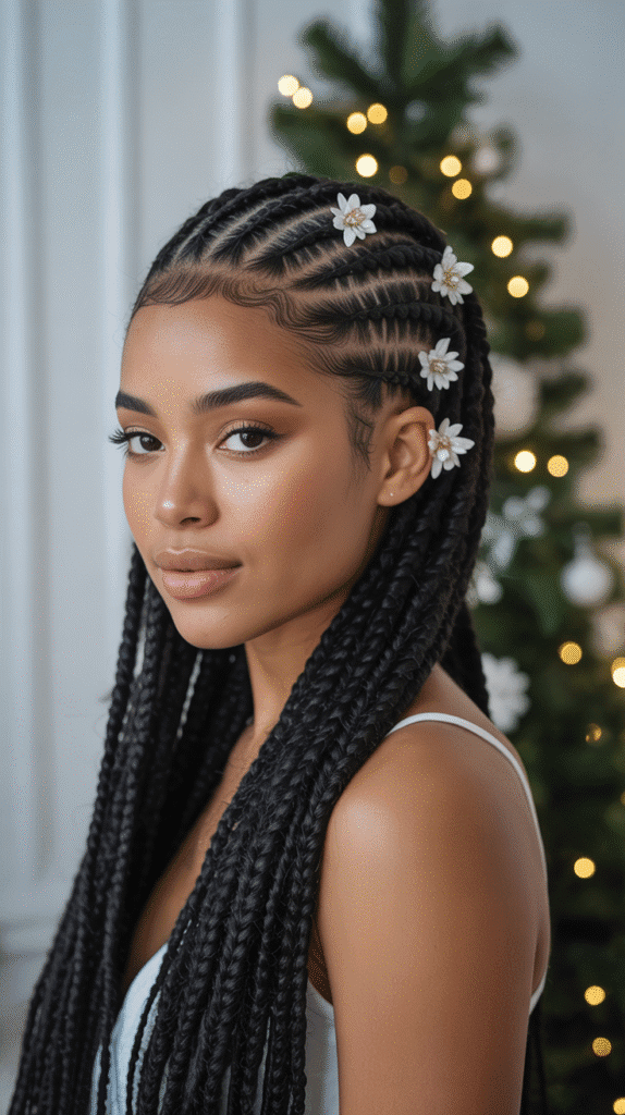 33 Trendy Christmas Hairstyles for Black Women That Slay Every Party 11 Cornrow Updo with White Floral Clips