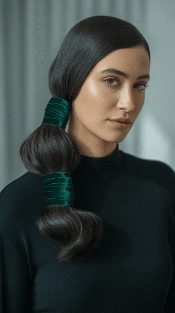27 Trendy Christmas Hairstyles for Long Hair Perfect for Holiday Glam 12 Low Ponytail with Wrapped Ribbon Base