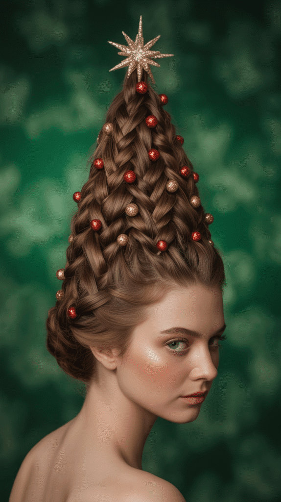 27 Trendy Christmas Hairstyles for Long Hair Perfect for Holiday Glam 2 Braided Christmas Tree Updo