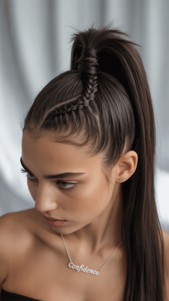 27 Trendy Christmas Hairstyles for Long Hair Perfect for Holiday Glam 17 High Ponytail with Braided Wrap