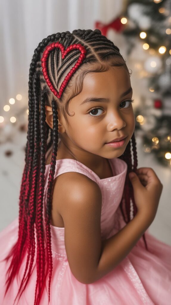 33 Trendy Christmas Hairstyles for Black Kids That Spark Joy 12 Heart-Shaped Braided Design