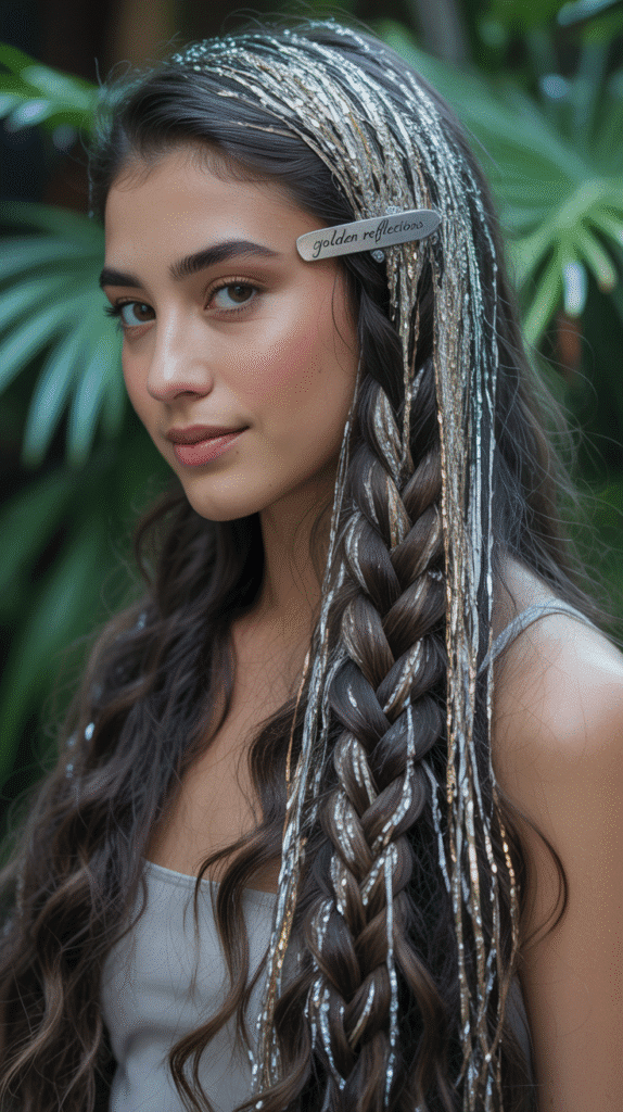 27 Trendy Christmas Hairstyles for Long Hair Perfect for Holiday Glam 11 Cascading Waterfall Braid with Tinsel