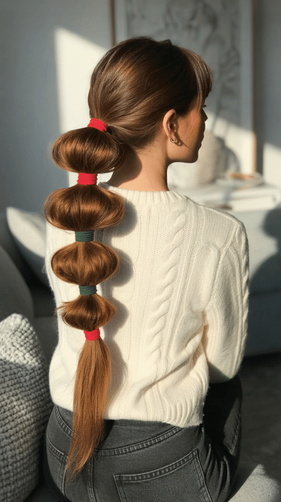 27 Easy Christmas Hairstyles with Braids for a Creative Holiday Look 20 Bubble Braid Ponytail with Red and Green Elastics