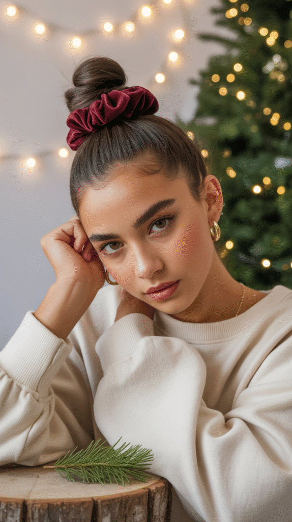 30 Easy Christmas Hairstyles for Teens That Are Fun and Trendy 16 Top Knot with Velvet Scrunchie