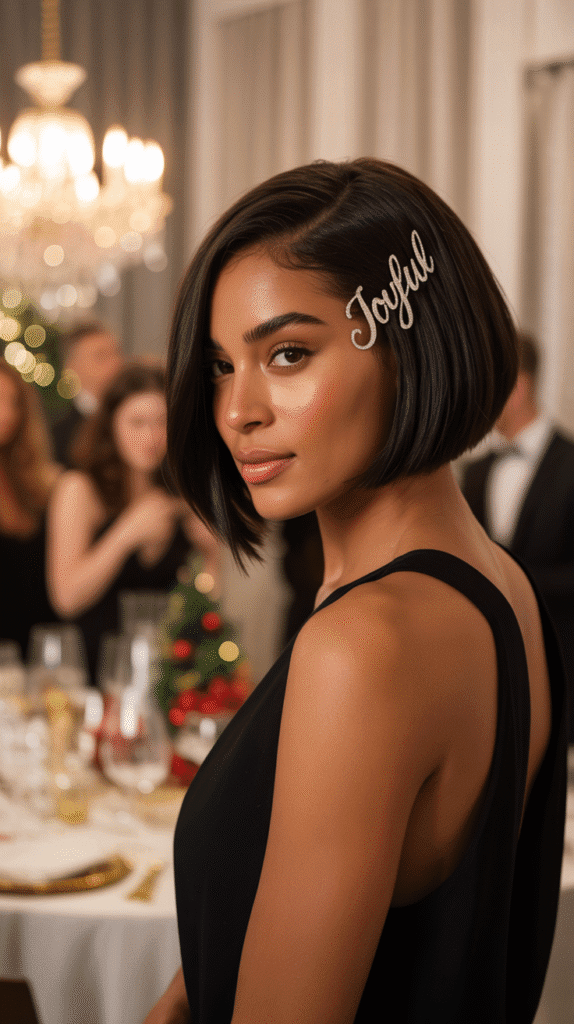 33 Trendy Christmas Hairstyles for Black Women That Slay Every Party 23 Asymmetrical Bob with Festive Barrette