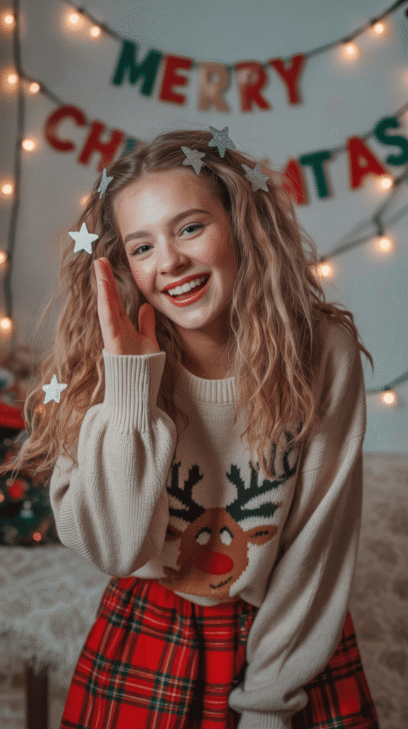 30 Easy Christmas Hairstyles for Teens That Are Fun and Trendy 21 Crimped Hair with Star Clips