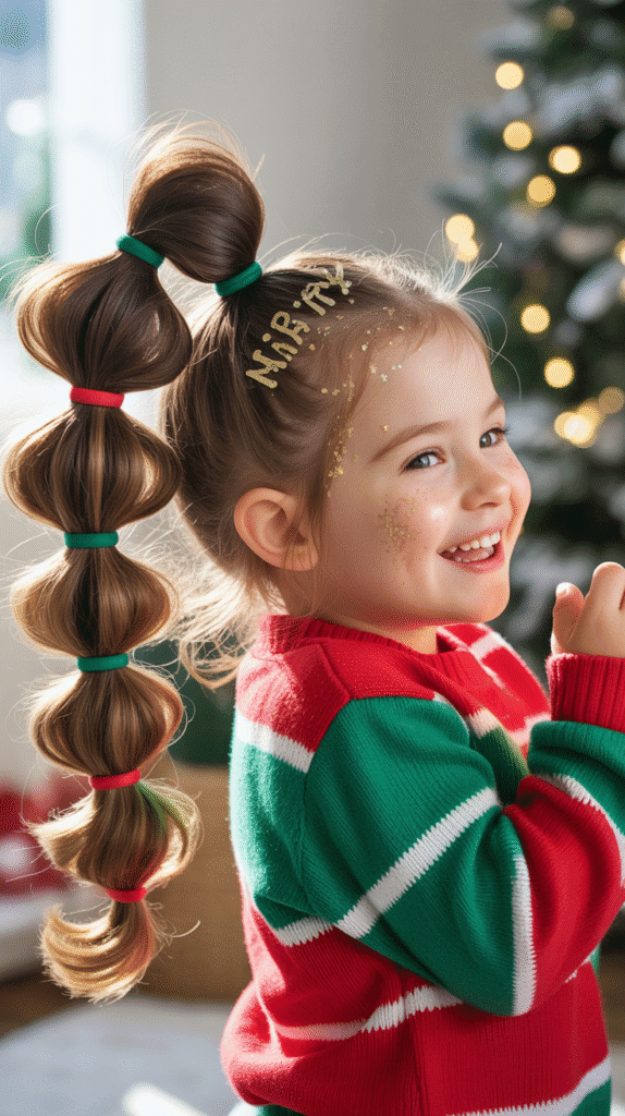 27 Best Christmas Hairstyles for Kids That Are Adorable and Festive 23 Bubble Ponytail with Christmas Colors
