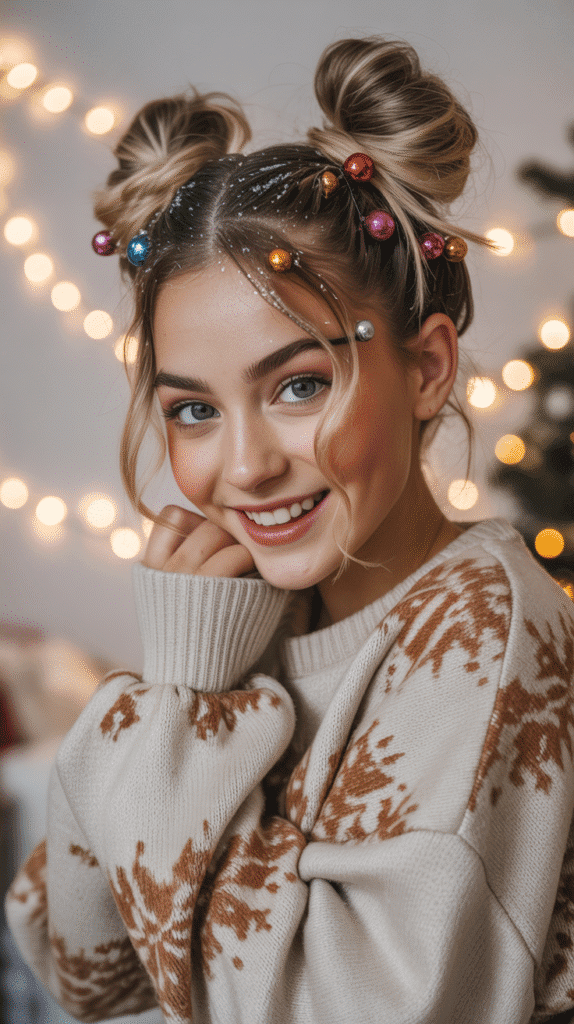 30 Easy Christmas Hairstyles for Teens That Are Fun and Trendy 19 Space Buns with Glitter Roots
