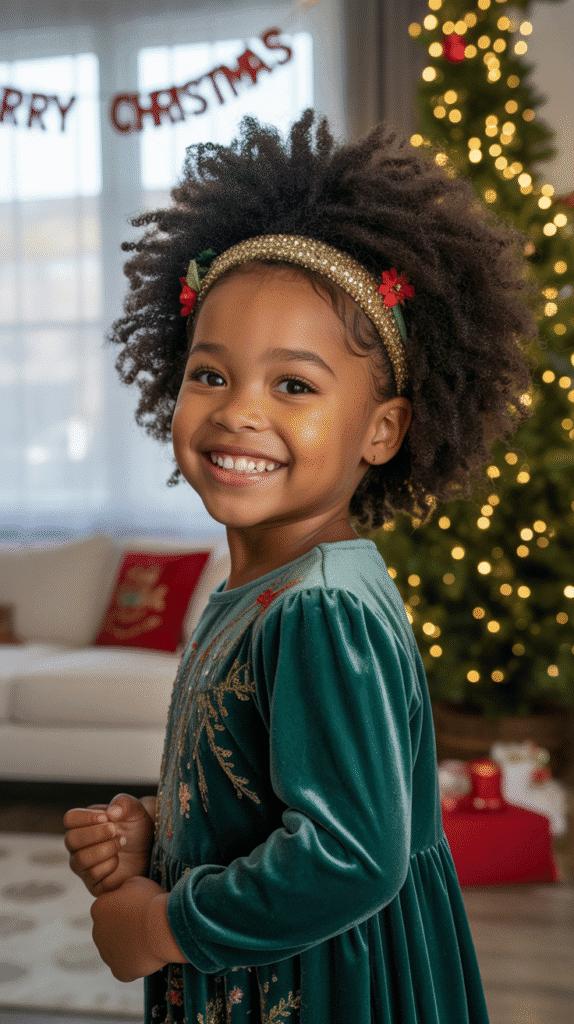 33 Trendy Christmas Hairstyles for Black Kids That Spark Joy 10 Natural Afro with Christmas Accessories