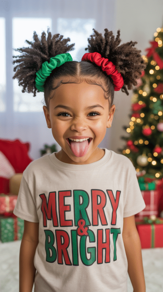 33 Trendy Christmas Hairstyles for Black Kids That Spark Joy 8 Zigzag Part with Double Buns
