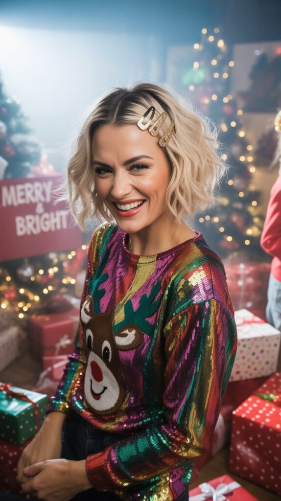 30 Chic Christmas Short Hairstyles That Are Cute and Easy 19 Crimped Bob with Metallic Accessories