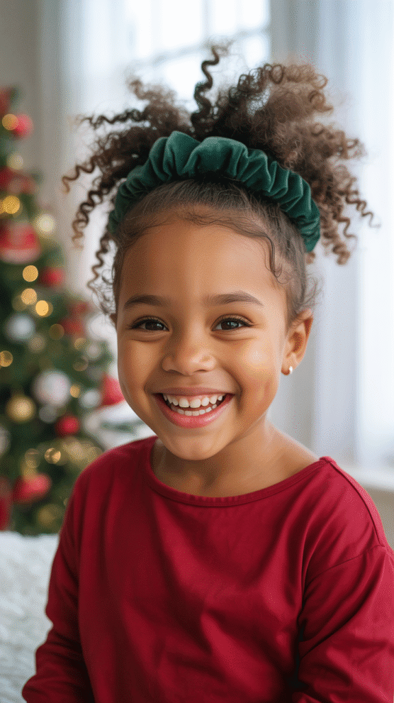 33 Trendy Christmas Hairstyles for Black Kids That Spark Joy 33 Curly Ponytail with Festive Scrunchie