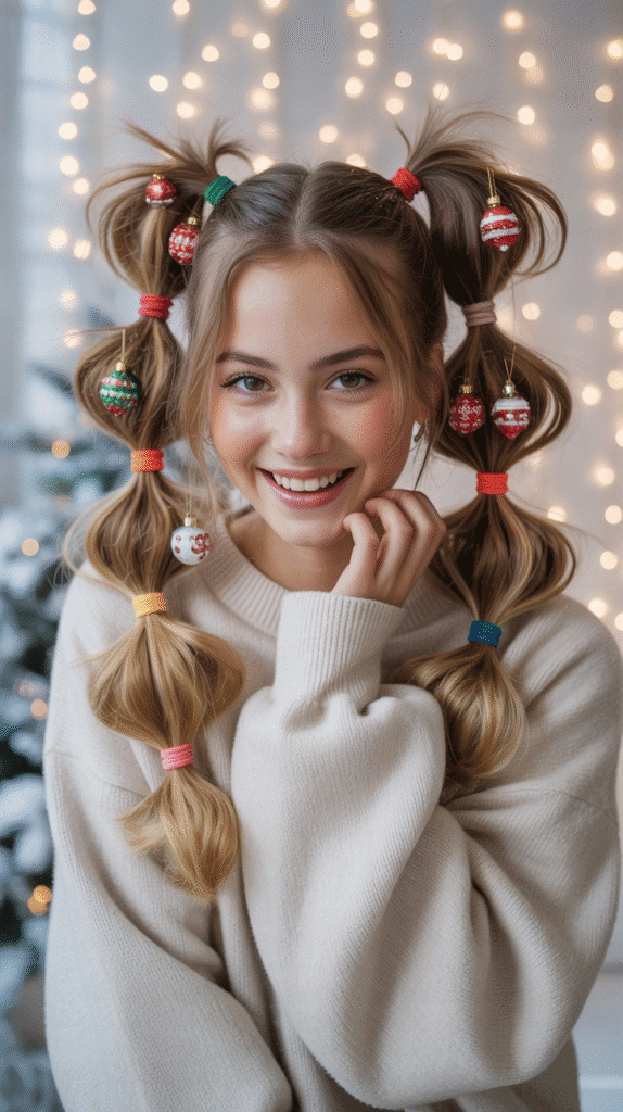 30 Easy Christmas Hairstyles for Teens That Are Fun and Trendy 8 Bubble Ponytail with Ornament Charms