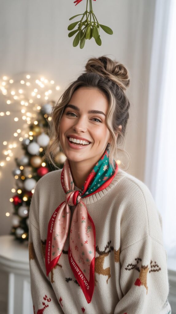 33 Modern Christmas Hairstyles for Curly Hair Full of Bounce and Charm 9 Pineapple Updo with Festive Scarf
