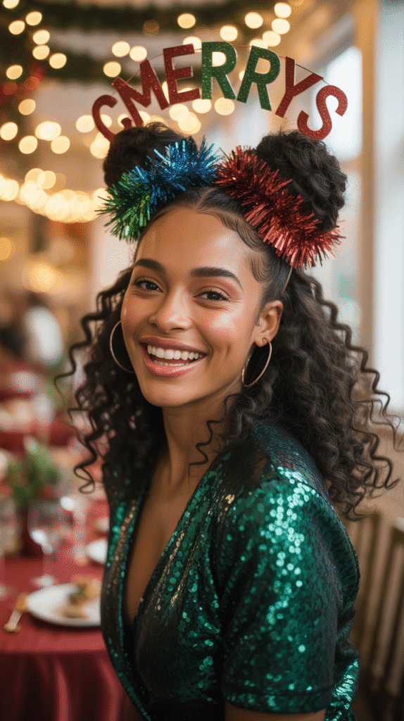 33 Trendy Christmas Hairstyles for Black Women That Slay Every Party 12 Half-Up Space Buns with Tinsel