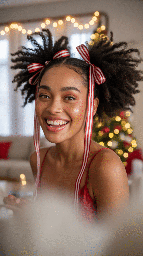 33 Trendy Christmas Hairstyles for Black Women That Slay Every Party 31 Afro Puff Pigtails with Striped Ribbons