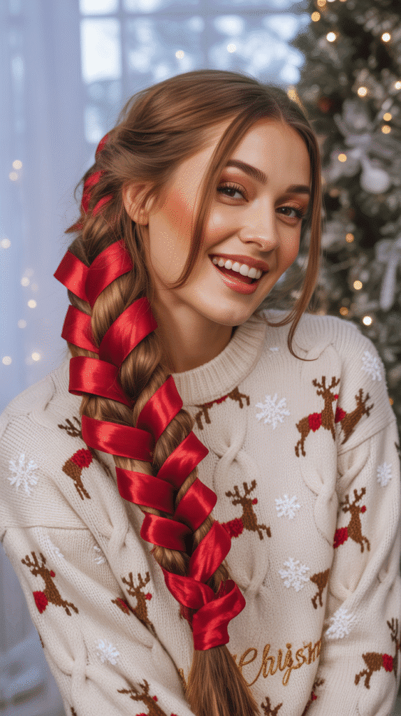 33 Best Christmas Hairstyles for Medium Length Hair That Wow 29 Ribbon-Woven Braid