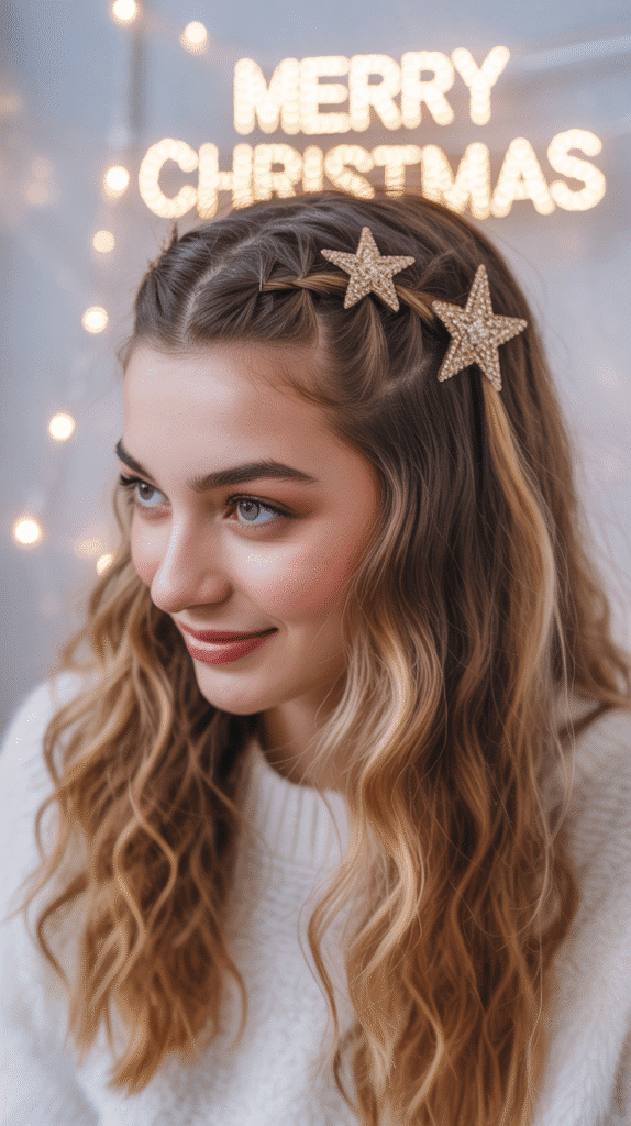 27 Easy Christmas Hairstyles with Braids for a Creative Holiday Look 10 Braided Half-Up Half-Down with Star Clips