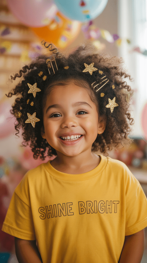 27 Best Christmas Hairstyles for Kids That Are Adorable and Festive 27 Natural Curls with Glitter Roots and Star Clips
