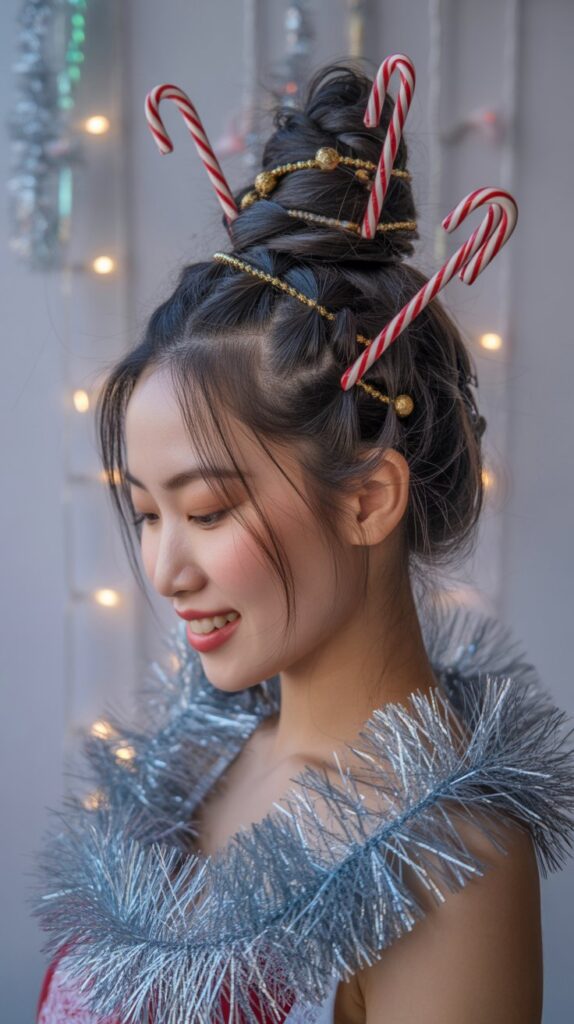 30 Easy Christmas Hairstyles for Teens That Are Fun and Trendy 25 High Bun with Candy Cane Hair Sticks
